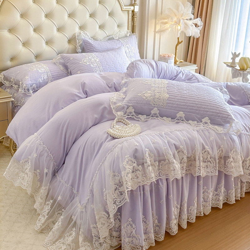 韩版公主蕾丝加厚床裙四件套花边被罩四季通用夹棉床单床罩可机洗
