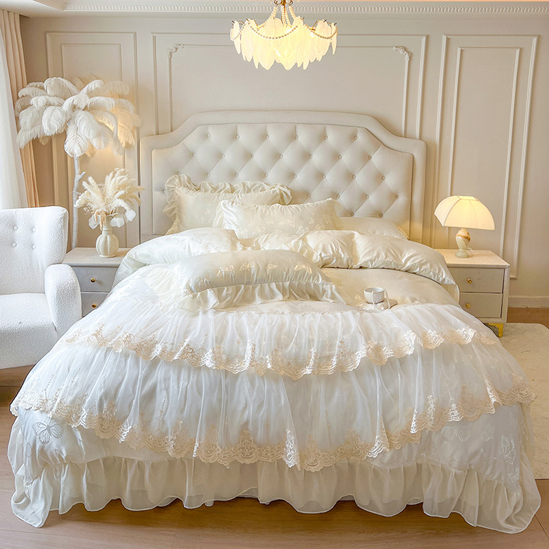 新款韩式公主风提花蕾丝床裙四件套防滑加厚床罩花边被罩四季通用