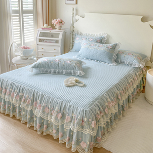 韩式 通用 公主蕾丝花边床裙三件套可机洗夹棉加厚防滑床罩单件四季