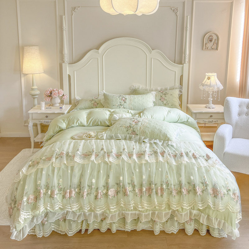 韩版加厚水洗棉床裙四件套蕾丝花边夹棉床罩床单四季公主新款被套