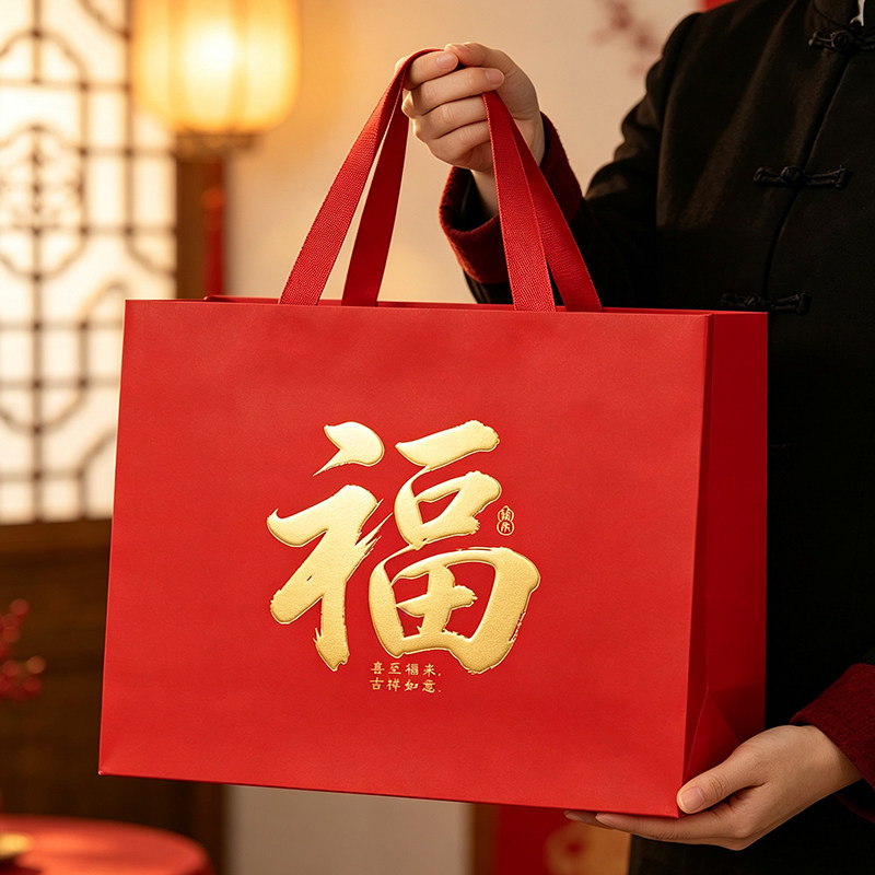 新年福字手提纸袋加厚春节送礼红色福气满满礼品袋小批量定制LOGO