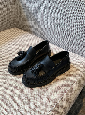 【TFM】2026春季新款复古流苏乐福鞋女豆豆鞋黑色百搭小皮鞋英伦