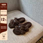 咖色毛毛拖鞋 TFM 女外穿3.5CM厚底秋冬增高居家平底棉拖一字拖