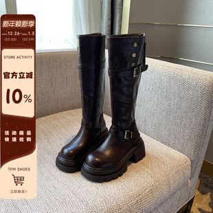 皮带扣粗跟高筒靴子潮 骑士靴女厚底增高7CM显瘦长靴女新款 TFM