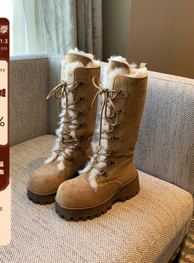 【TFM】5CM增高~毛绒系带长靴女厚底加绒保暖户外靴子高帮马丁靴