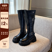 TFM 长靴女不过膝厚底增高6.5CM加绒百搭皮带扣高筒靴女骑士靴