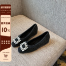 女新款 玛丽珍鞋 内增高4CM 方头平底水钻方扣浅口加绒单鞋 TFM