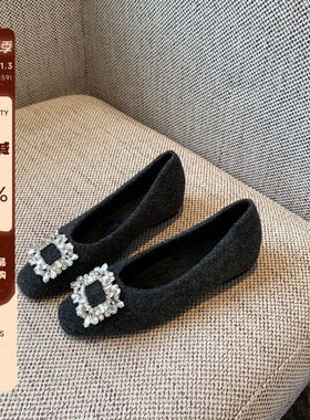 【TFM】内增高4CM~玛丽珍鞋女新款方头平底水钻方扣浅口加绒单鞋