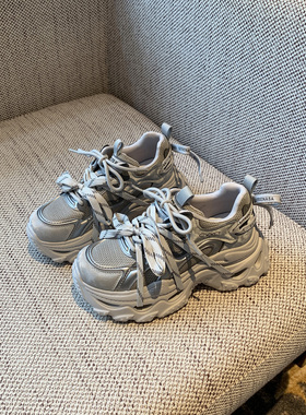 【TFM】2026春季新款增高6CM厚底系带复古老爹鞋女网面休闲运动鞋