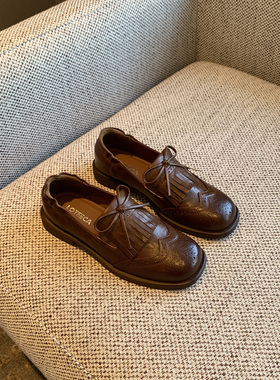 【TFM】2026新款英伦风布洛克鞋女复古流苏蝴蝶结平底小皮鞋单鞋