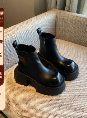 【TFM】欧美风黑色厚底短靴女冬季加绒粗跟百搭小个子增高马丁靴