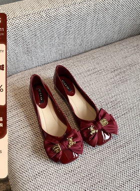 单鞋女2026年春季新款甜美百搭时尚蝴蝶结方头漆皮浅口低跟女鞋子