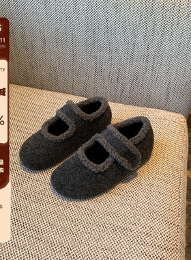 【TFM】内增高3CM~毛毛绒玛丽珍鞋女魔术贴加绒保暖平底单鞋棉鞋