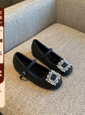 【TFM】内增高3CM~水钻方扣复古玛丽珍鞋女一字扣带浅口加绒单鞋