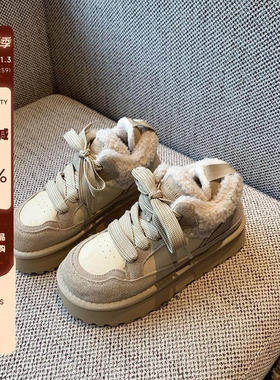 【TFM】冬季加绒厚底板鞋女保暖加厚雪地靴真皮低帮毛毛鞋棉鞋子
