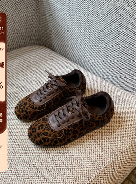 【TFM】内里加绒~豹纹德训鞋女磨砂皮复古系带舒适软底平底休闲鞋