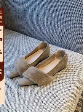 【TFM】内增高3CM~2026新款早春百搭毛毛尖头绒面复古浅口单鞋女