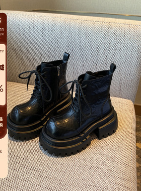 【TFM】英伦风马丁靴女厚底7CM增高系带复古短靴黑色小个子机车靴