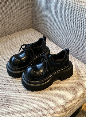 【TFM】2026新款英伦风厚底乐福鞋女黑色系带复古小皮鞋增高单鞋