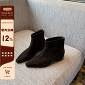高定 TFM 羊皮小方头短靴女秋冬百搭3CM低跟后拉链瘦瘦靴踝靴