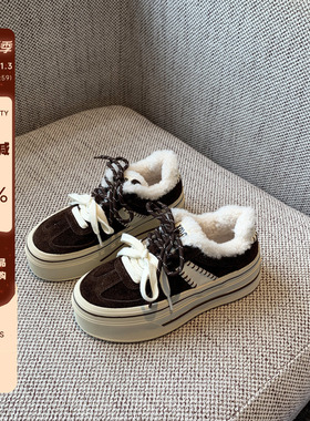 【TFM】5CM增高厚底休闲鞋女加绒保暖复古牛皮咖色毛毛板鞋女冬季