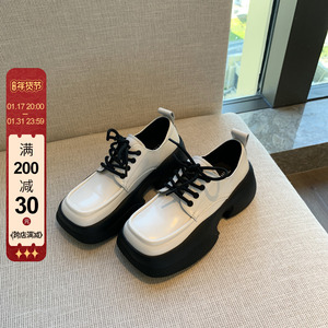 方头复古小皮鞋女2024年春季新款时尚系带真皮百搭舒适厚底乐福鞋