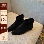 靴 欧美风绒面气质瘦瘦靴及踝时装 TFM 尖头低跟短靴子2025新款