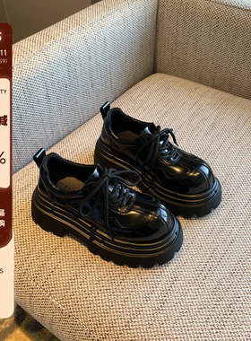 【TFM】英伦风厚底6CM增高百搭系带复古布洛克鞋女黑色小皮鞋百搭