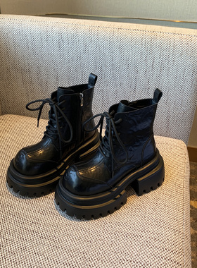 【TFM】英伦风马丁靴女厚底7CM增高系带复古短靴黑色小个子机车靴