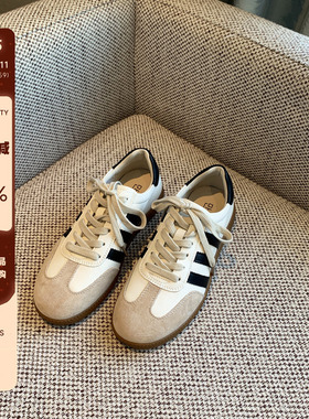 【TFM】德训鞋女2025年新款拼色系带平底真皮休闲骑行运动板鞋潮