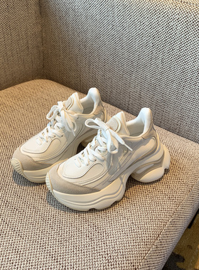 【TFM】丝绸白~2026年新款运动风厚底增高老爹鞋女百搭系带休闲鞋