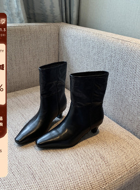 【TFM】高定~法式小方头真皮中筒百搭黑色瘦瘦靴时装靴加绒短靴子