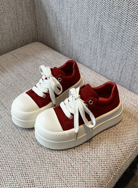 【TFM】2026春季新款牛反绒系带丑萌大头鞋厚底休闲鞋女板鞋红色