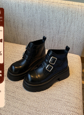 【TFM】英伦风复古皮带扣厚底马丁靴女黑色百搭魔术贴加绒短靴子