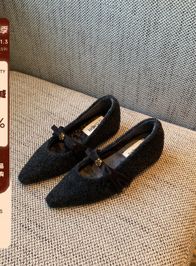 【TFM】内增高3CM~气质毛呢尖头玛丽珍鞋女平底加绒单鞋棉鞋女冬