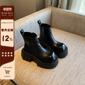 欧美风黑色厚底短靴女冬季 TFM 加绒粗跟百搭小个子增高马丁靴