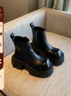 【TFM】欧美风黑色厚底短靴女冬季加绒粗跟百搭小个子增高马丁靴