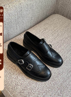 【TFM】牛皮版2025新款冬季加绒时尚雕花粗跟布洛克棉鞋女小皮鞋