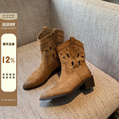 复古刺绣镂空尖头粗跟V口骑士靴女短靴 西部牛仔靴2025新款 TFM