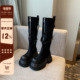 前拉链复古高筒骑士靴冬季 TFM 加绒厚底7.5CM增高长靴女瘦瘦靴