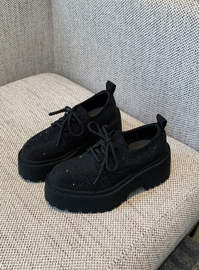 【TFM】2026年新款烫钻厚底乐福鞋女黑色系带松糕百搭增高小皮鞋