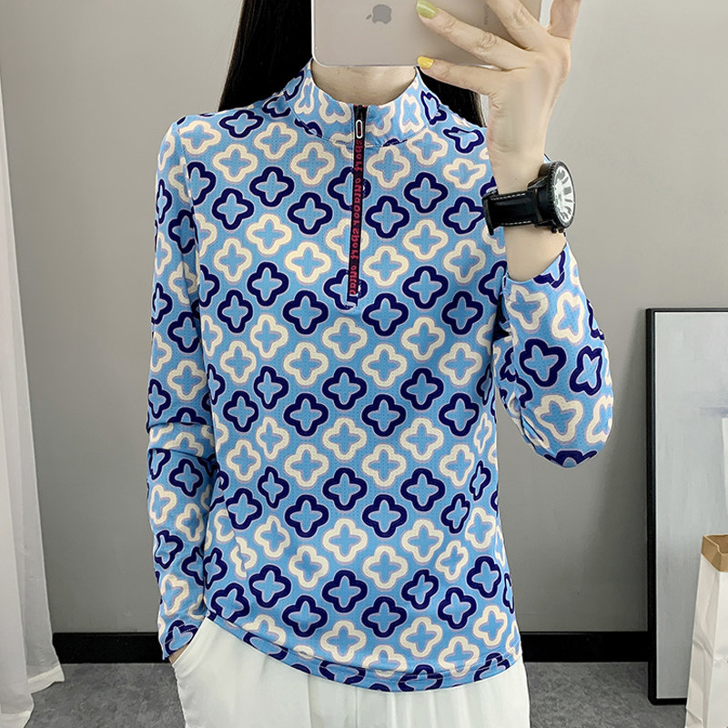 户外速干衣女式长袖夏季立领徒步运动t恤登山弹力透气印花快干T恤