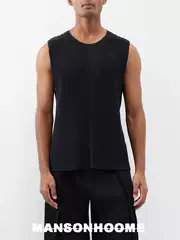 Japanese Issey Miyake Style Pleated Classic Basic Round Neck Sleeveless Undershirt Vest for Men Je157