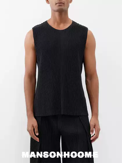 Japanese Issey Miyake Style Pleated Classic Basic Round Neck Sleeveless Undershirt Vest for Men Je157