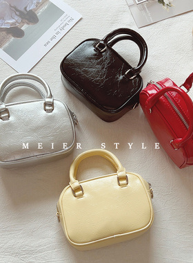 韩国小众设计时尚小方包红色迷你手提包银色单肩斜挎包保龄球包女