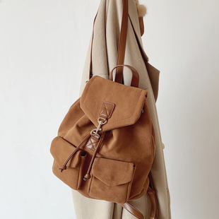 ins秋冬复古磨砂双肩包抽绳小背包时尚 百搭书包绒布通勤包单肩包
