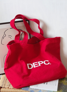 韩风ins字母大容量帆布包慵懒风腋下单肩包托特包红色百搭购物袋