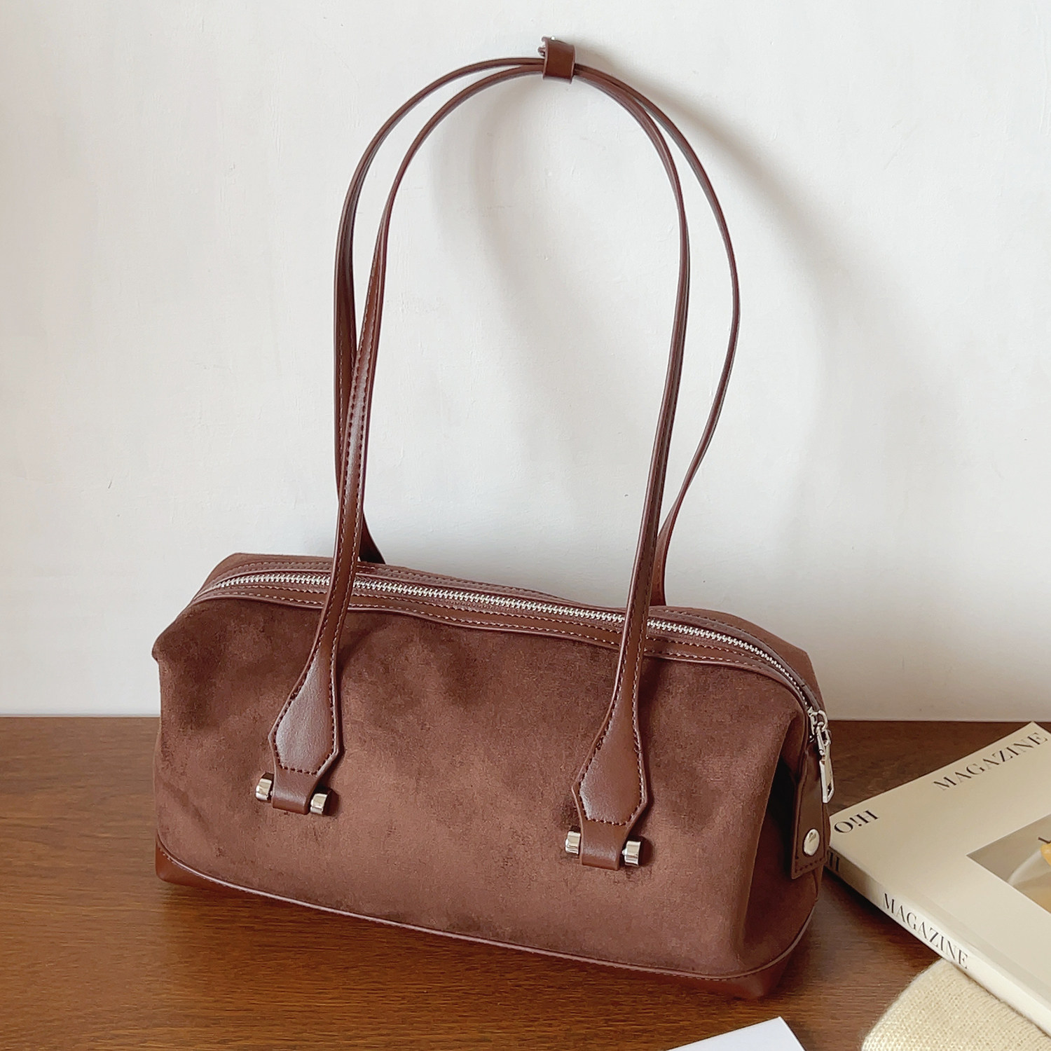 2025秋冬复古绒面波士顿包托特包简约百搭腋下单肩包手提包通勤包