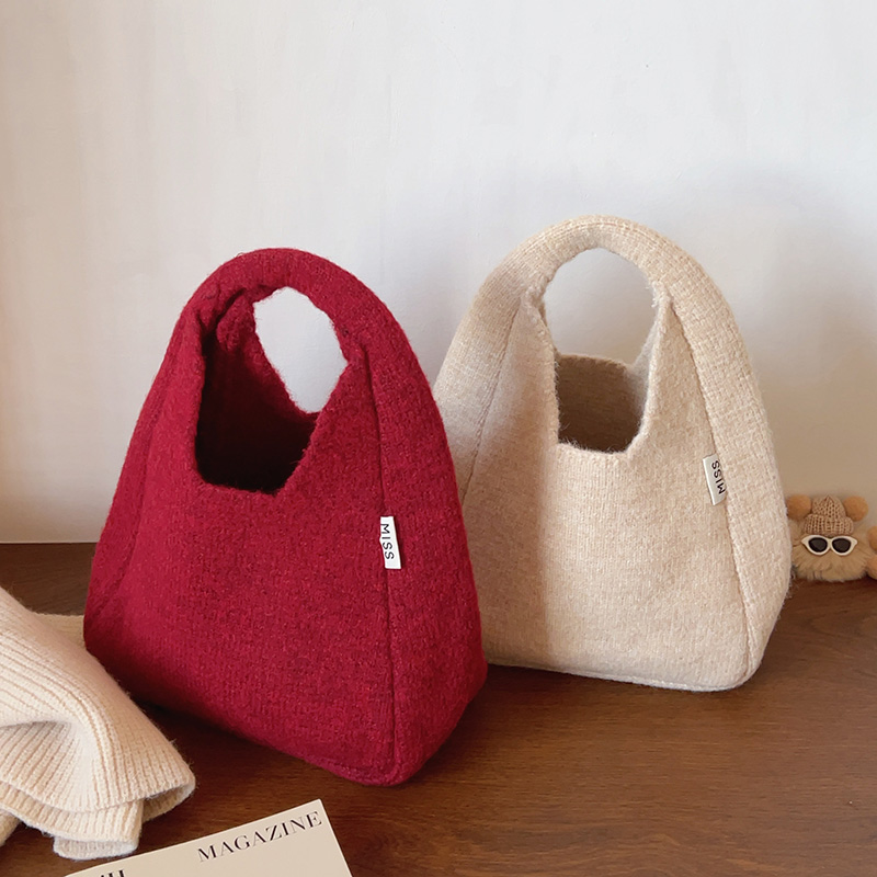 韩国ins复古针织手提包红色毛线包休闲托特包可爱百搭手拎包小包