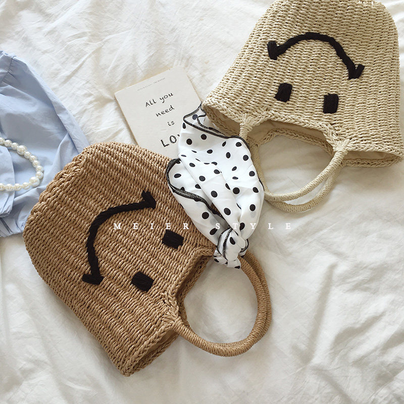 夏季复古笑脸草编包休闲百搭菜篮子水桶包编织包度假手提包手拎包,箱包皮具/热销女包/男包,水桶包,淘宝优惠券,粉丝福利购,淘宝优惠卷